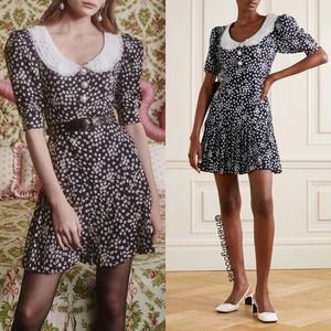 ALESSANDRA RICH Floral Daisy Print Lace Trimmed Silk Mini Dress